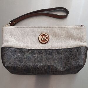 Michael Kors UNISEX Cream/Brown Wristlet with MK Gold Logo